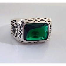 RING/MEN'S-OUTLAWS AMSTERDAM-S925 Silver/Green "Glass Stone"-Filigree-Size 11