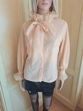 Rare Vintage Gorgeous Frilly Ruffled Peachy Pussy Bow Shiny Nylon Blouse