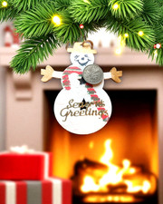 Christmas Tree Hanging Decorations, Wooden Hand Painted Snowman, Lucky Sixpence