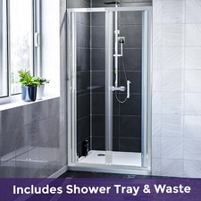 Nes Home Chrome Bi Fold Shower Door Enclosure  6mm Tempered Glass, Tray & Waste