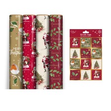 4 Rolls Traditional Christmas Wrapping Paper 7M Gift Wrap & 32 Matching Tags