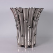 French Mid 20th C Silver Plate Faux Bamboo Vase Planter - Maison Bagues Style