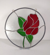 Lead Stained Glass Rose Round 22.5cm window picture leaded glass sun catcher