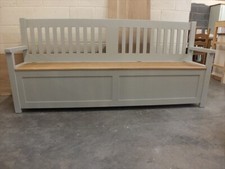 7FT PAINTED SLAT-BACK MONKS BENCH SOLID OAK SEAT STORAGE- F&B PAVILION GREY
