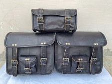 Leather Motorcycle Saddle Bags 4 Black Leather Side Pouch Panniers 3 Bags Combo