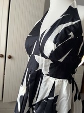 Zara Women Satinised Cotton Halter- Neck Belted Sun Dress Black &White Size XL
