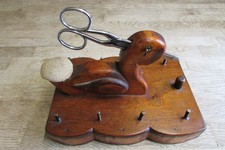 Vintage Handmade Wooden Duck Bobbin, Pin & Scissor Holder
