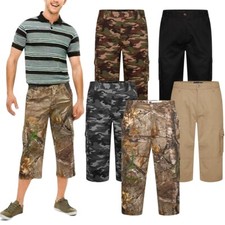 Mens Elasticated Waist 3/4 Long Length Shorts Cargo Combat Three Quarter Pants