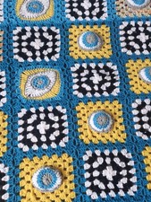 New Handmade Crochet Blanket  Blue Yellow Evil Eye Afghan Throw Cottagecore