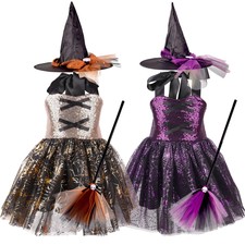 Kids Girls Dress Sequins Costume Cosplay Outfits Puffy Clothing Halter Witch