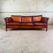 Long Vintage 1970s Danish Mogens Hansen Three Seater Tan Leather Sofa #A666