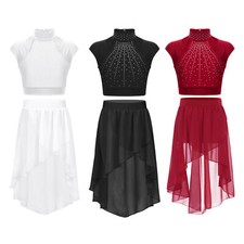 Kids Girls 2 Piece Sparkly Lyrical Dance Outfits Ballet Dress Crop Top and Skirt