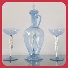 Fritz Lampl Bimini & Lauscha Art Deco Set Blue Decanter & 2 Glasses Nude Female 