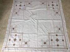 LARGE Vintage Linen Table Cloth White Embroidered Square Geometric Blue Gold 