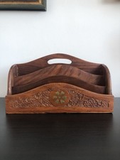 Wooden Letter Rack From Indian Rosewood With Intricate Carvings And Brass Inlay 