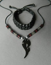 Necklace Maori Surf Surfer Fish Tail Tribal Pendant Black Leather Bracelet