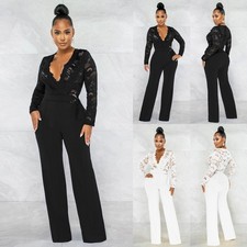 Women V-Neck Playsuits Wide Legs Pants Jumpsuit Evening Rompers Party Dress Lace