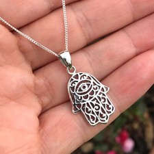 925 Sterling Silver Hamsa Hand of Fatima Pendant Necklace Jewellery N2