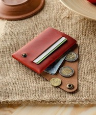 Crazy Horse Leather Credit Card Holder Wallet and Key Tag Genuine Leather Red