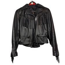 Interstate Leather Women's Belted Black Fringe Lined Motorcycle Jacket, Size L