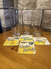 3 X Vintage Stella Artois Pint Glasses With 4x Vintage Beer Mats Home Bar,pub,