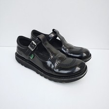 Kickers UK 4 Black Kick T-Bar Shoes Women's Kids Patent Leather School Work