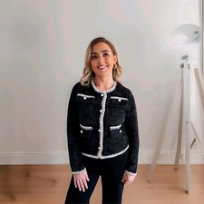 Ladies Jacket Pearl Button Cardigan Cropped Style Blazer with Trim One size