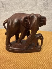 Lg MCM Solid Wooden African Elephant with baby Carving Hand Carved Statue Safari