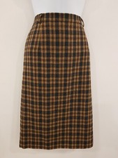 Vintage Skirt Wool Brown Size 12 Camel Black Tartan Pure Straight Knee Length
