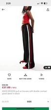 BNWOT Asos Design Pull On Trousers Black With Red/ White Stripe Size Small