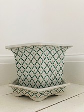 Vintage Hexagon Ceramic Planter Green White , peach Plant Pot - Hand painted