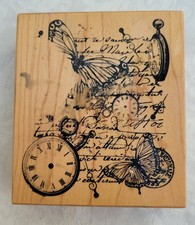 Large STEAM PUNK wooden rubber stamp  Butterflies and clocks.