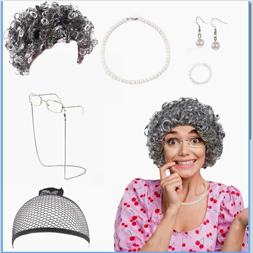 Grey curly granny costume - curly, wig
