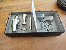 Portable Bar Tenders Kit With Glasses, Stirrers, Shaker Etc Leather  Case & Lock