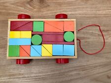 Toy Wooden Pull Along Trailer with Colourful Puzzle Blocks