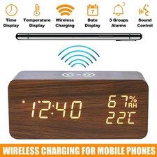 Wooden Digital Alarm Clock with Wireless Charging, LED Clock with Time