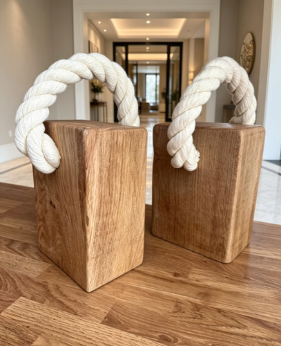 Solid oak door stop - oak, rope