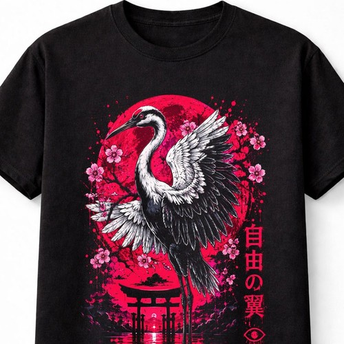 Japanese crane sakura - japanese, moon