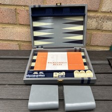 Vintage Small Backgammon Set in Grey Faux Leather Carry Case Complete