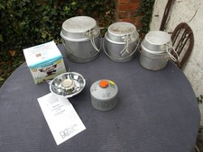 New SAHARA Portable Stove With Canister & Used Stacking Saucepan Set