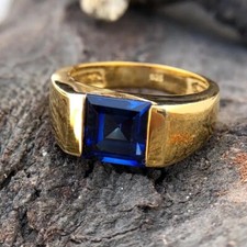 4Ct Men's 14K Yellow Gold Finish Blue Sapphire Diamond Wedding Pinky Band Ring