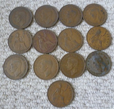 JOB LOT of 13 GEORGE VI ENGLISH OLD PENNY COINS - LOOK!