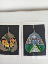 2 Vintage Handpainted Peepal Skeleton Indian Leaf Art - Butterfly / Taj Mahal