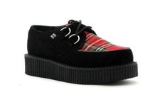 T.U.K. A8120L 2-Ring Round Toe Low Creeper Black Suede Red Tartan Rockabilly