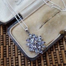 925 Sterling Silver Necklace, Genuine Tanzanite Cluster Pendant, 18" Chain 