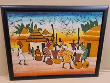 African Batik Fabric Painting – Village Life Scene – Signed 'Jumeta' – Framed