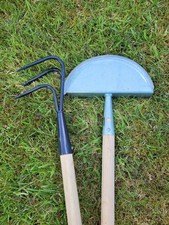 HALF MOON GRASS EDGING TOOL & 3 PRONG CULTIVATOR LONG HANDLES NEW REALLY GOOD
