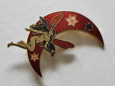 Fairy and Crescent Moon 1980s Cloisonne Pin Brooch Red With Stars