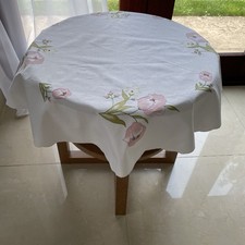 Vintage Retro Small Round Embroidered Tablecloth Floral See Pictures