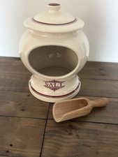The 1869 Victorian Pottery Burgundy Red Cream Salt Pig With Lid & Wooden Scoop